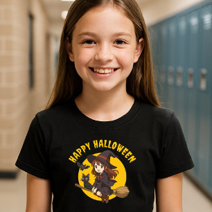 Anime Witch & Cat On Broom Girls Halloween T-Shirt