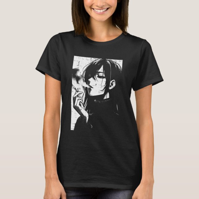 Anime Woman Smoking Japanese Manga Art Emo Otaku M T-Shirt (Front)