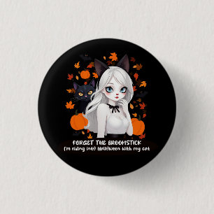 Anime woman with black cat. 3 cm round badge