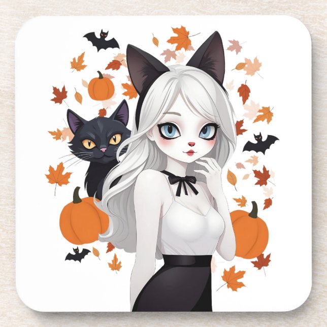 Anime woman with black cat. coaster (Front)