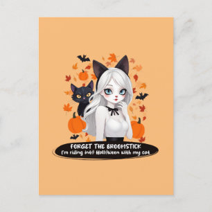 Anime woman with black cat. holiday postcard
