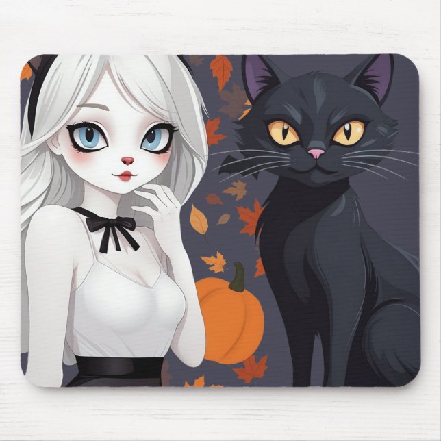 Anime woman with black cat. mouse pad (Front)