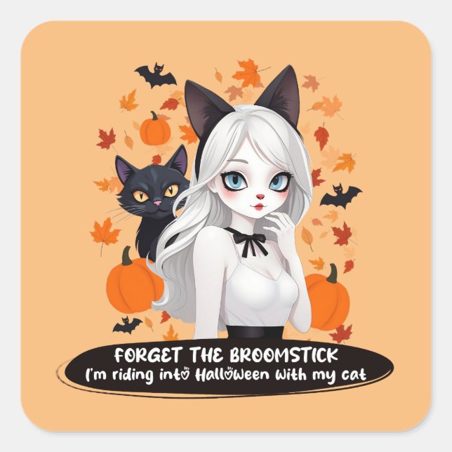 Anime woman with black cat. square sticker (Front)