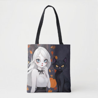 Anime woman with black cat. tote bag