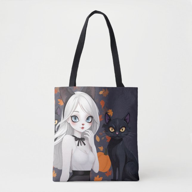 Anime woman with black cat. tote bag (Front)