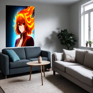 Anime young lady orange flame hair AI Art Poster