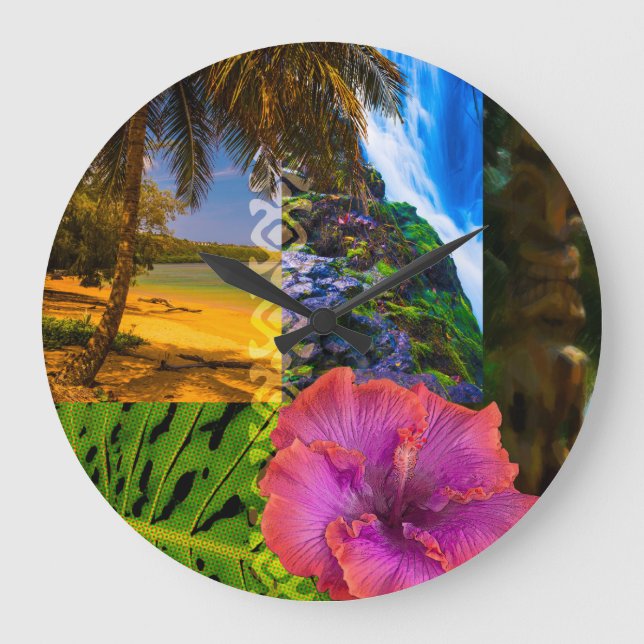 Anini Beach, Kauai Hawaiian Collage Large Clock (Front)