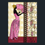 ANJANETTE: Art Deco Fashion in Pink and Yellow Poster<br><div class="desc">Anjanette is another in our silhouettes series. She stands just beyond a foreground of art deco iron and glass work and in front of a floral wallpaper - in white silhouette - that matches the floral design on her fan. Her dress is a redesign of a gown from 1913.</div>