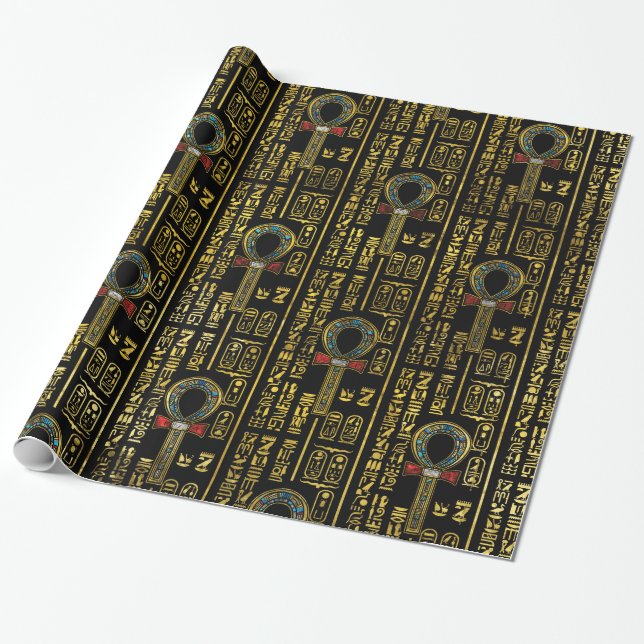 Ankh  and Egyptian hieroglyphs pattern Wrapping Paper (Unrolled)