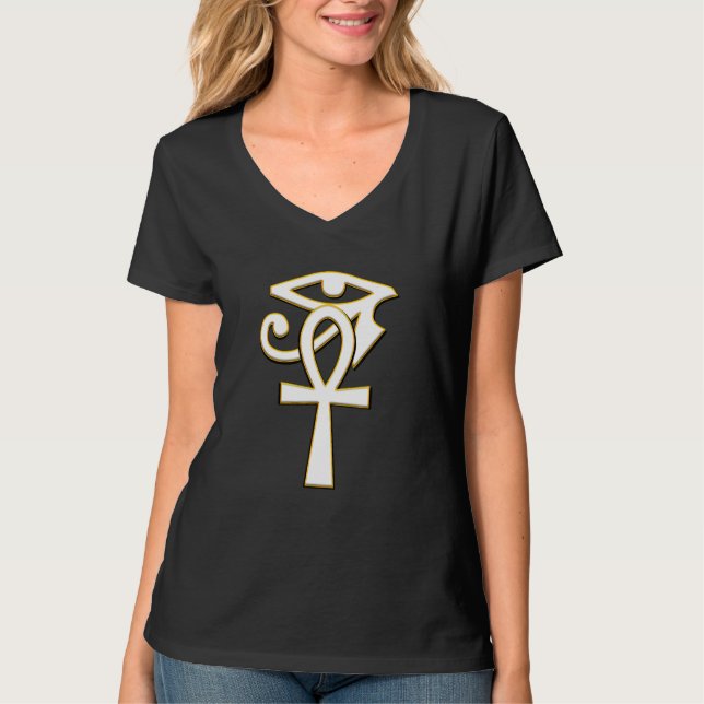 Ankh With Eye Of Ra Horus Hieroglyphs Egyptian Sym T-Shirt (Front)