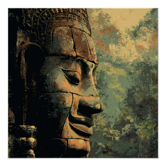 Ankor Thom Cambodia Ancient Jungle Statue Poster  (Front)