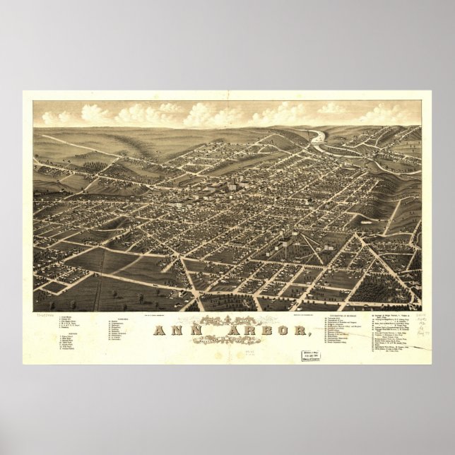 Ann Arbor Michigan 1880 Antique Panoramic Map Poster (Front)