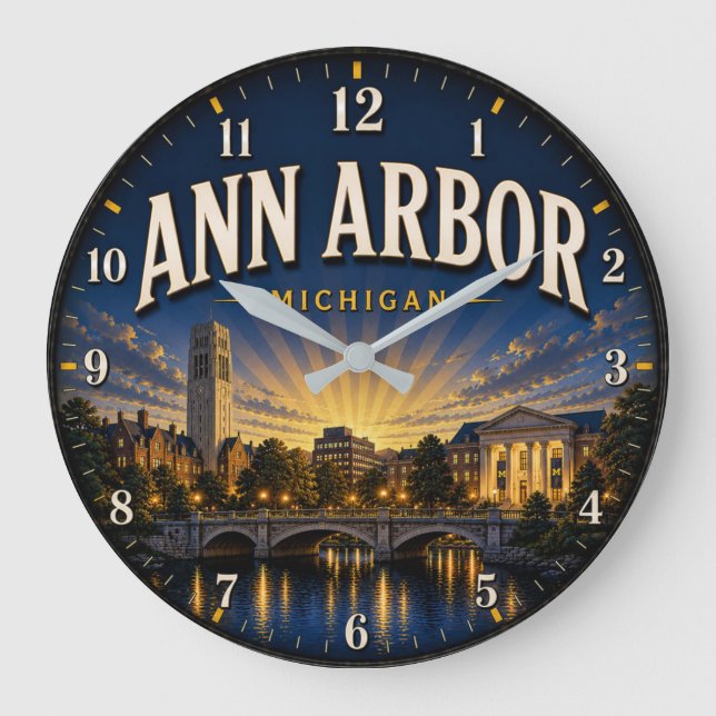Ann Arbor Michigan Sunset Premium Skyline Large Clock (Front)
