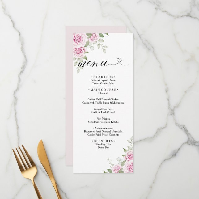 ANNA Wedding Menu / Watercolor Floral Pink Rose (Front/Back In Situ)