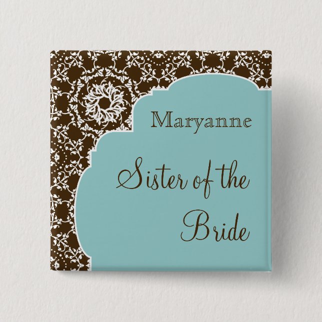 AnnaLiese Damask Blue Bridal Party Button (Front)
