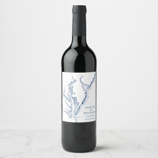 Annapolis Chesapeake Bay Map Elegant Navy Wedding Wine Label (Front)