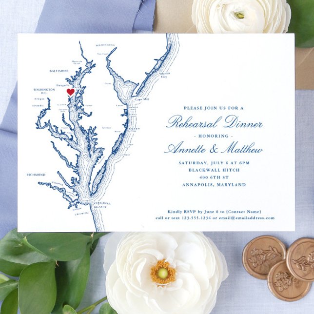 Annapolis Chesapeake Bay Map Navy Rehearsal Dinner Invitation (Creator Uploaded)