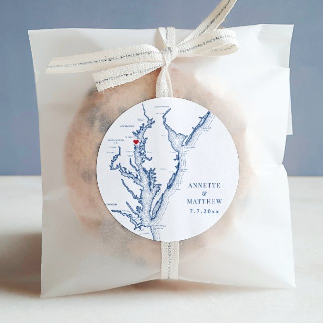 Annapolis Chesapeake Bay Map Navy Wedding Favour Classic Round Sticker (Annapolis Chesapeake Bay Map Wedding Favor Round Label in elegant navy blue from Coastal Map Designs)