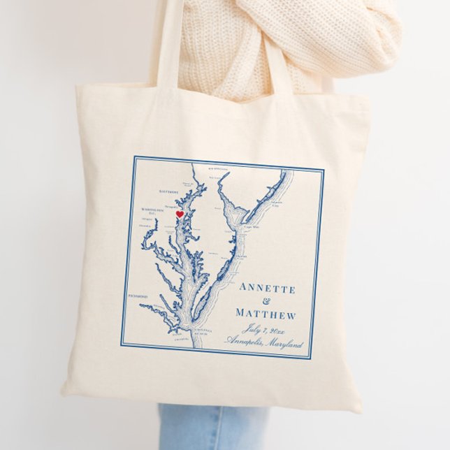 Annapolis Maryland Chesapeake Bay Wedding Welcome Tote Bag (Custom Annapolis Maryland wedding tote bag with navy blue map of Chesapeake Bay)