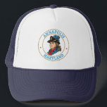 Annapolis Maryland Colonial Trucker Hat<br><div class="desc">Situated on the Chesapeake Bay at the mouth of the Severn River,  Annapolis is the capitol of Maryland,  the home of the U.S. Naval Academy,  and the sailing capitol of America. This sleek design has a sailboat and text.</div>