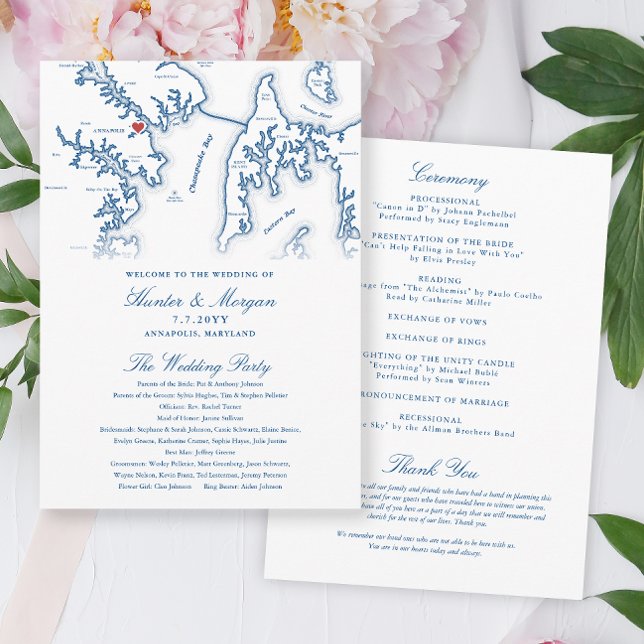 Annapolis Maryland Elegant Wedding Program Programme (Annapolis Maryland Wedding Program in elegant navy blue from Coastal Map Designs)