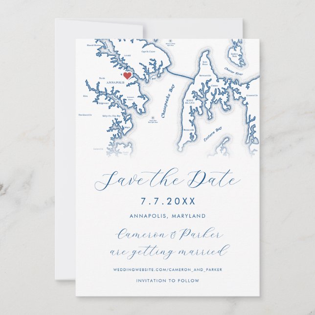 Annapolis Maryland Map Navy Blue Photo Save The Date (Front)