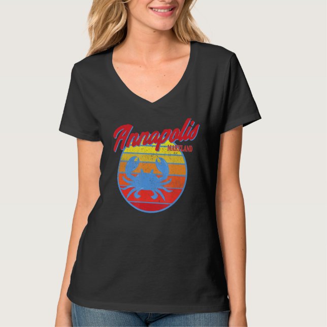 Annapolis Md Retro Blue Crab Ocean Sunset T-Shirt (Front)