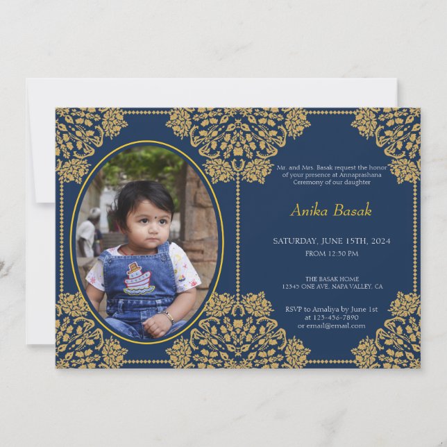 Annaprashan First Rice Blue Gold Ornamented Photo Invitation (Front)