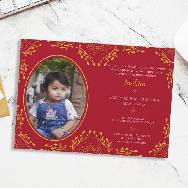 Annaprashan First Rice Ceremony Red Gold Photo Invitation (Creator Uploaded)
