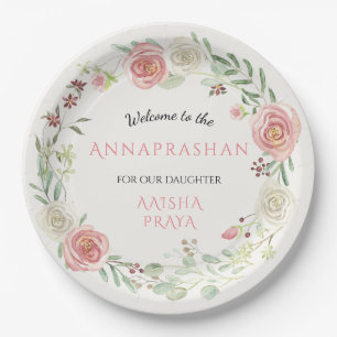 Annaprashan Party Baby Girl Watercolor Floral Pink Paper Plate