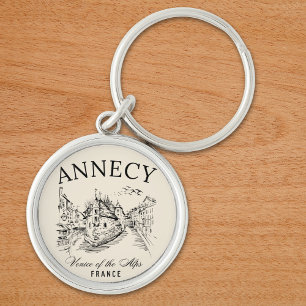 Annecy Canals Art – Retro French Alps  Key Ring