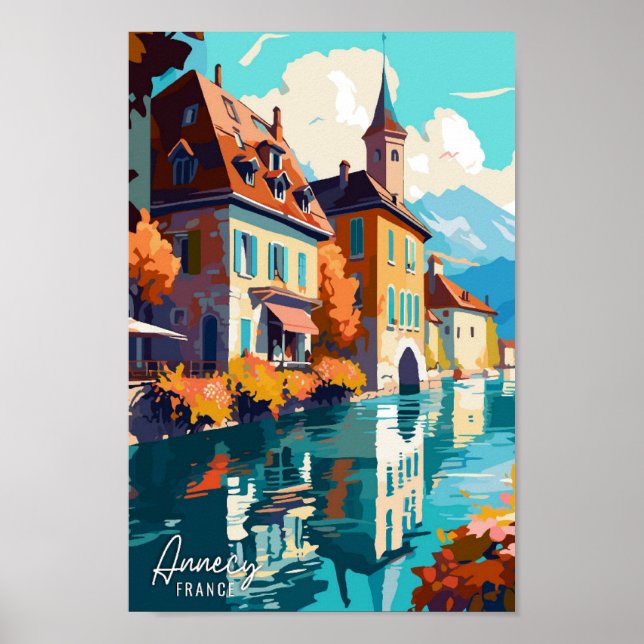 Annecy France Art Vintage Travel Illustration Poster (Front)