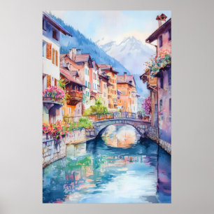 Annecy Watercolor Vintage Travel Poster Ski