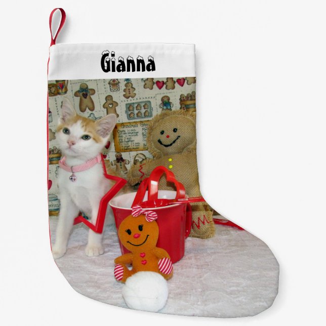 Annie's Cute Cat and Gingerbread Personalised  Small Christmas Stocking (Front)