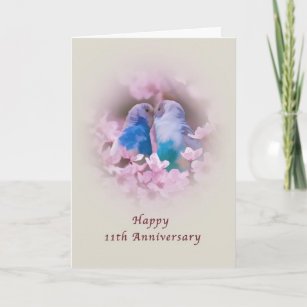 Anniversary, 11th, Loving Parakeets, Pink Flowers Card