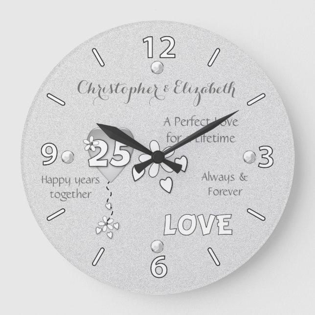 Anniversary 25 years hearts flowers and names large clock (Front)