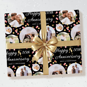 Anniversary 5 Photo Collage Coral Black Faux Gold Wrapping Paper