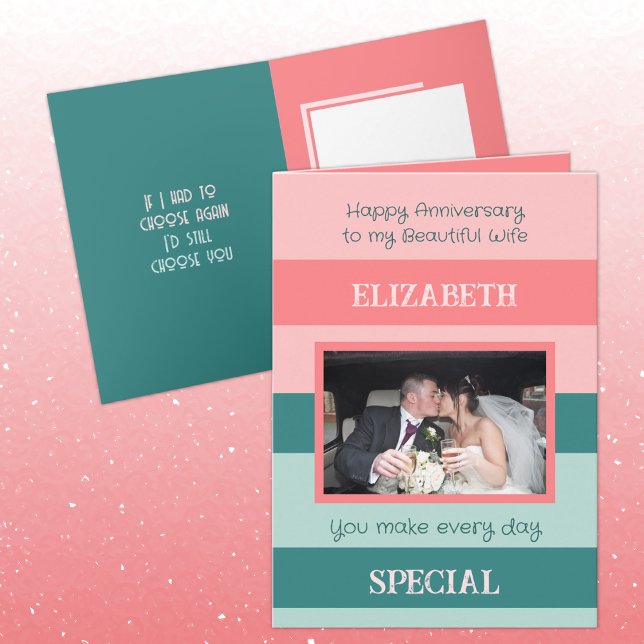 Anniversary beautiful wife pink green photo card (Creator Uploaded)