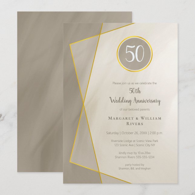 anniversary birthday 50th antique grey gold frame invitation (Front/Back)