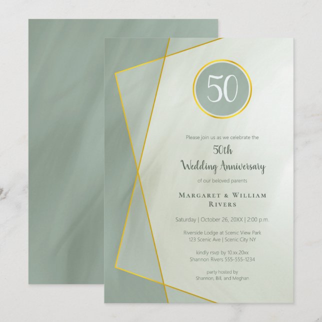 anniversary birthday 50th greyed jade w gold frame invitation (Front/Back)