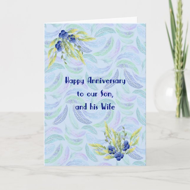 Anniversary Card for Son and Wife Blue Flowers (Front)