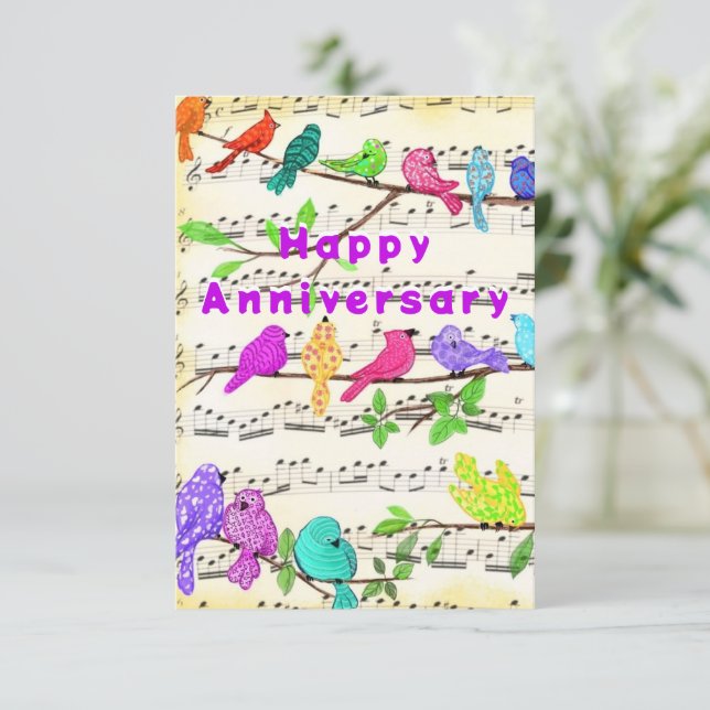Anniversary Card with Colourful Musical Birds (Standing Front)
