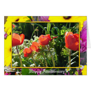 Anniversary card with red garden flowers