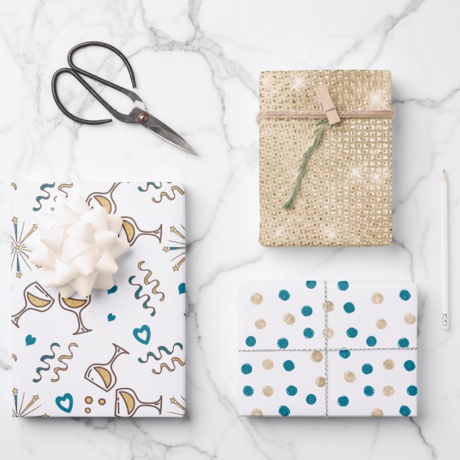 Anniversary Celebration Patterns Blue/Gold ID723 Wrapping Paper Sheet (Front)