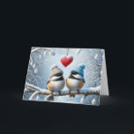 Anniversary Chickadees With Red Heart Card<br><div class="desc">Two chickadee birds wearing cosy hats perch on snow-covered branches with a red heart hanging above them and surrounded by a winter landscape for anniversary.
Text can be changed.</div>