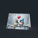 Anniversary Chickadees With Red Heart Card<br><div class="desc">Two chickadee birds wearing cosy hats perch on snow-covered branches with a red heart hanging above them and surrounded by a winter landscape for anniversary.
Text can be changed.</div>
