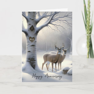 Anniversary Deer with Initials on Tree Heart Holiday Card