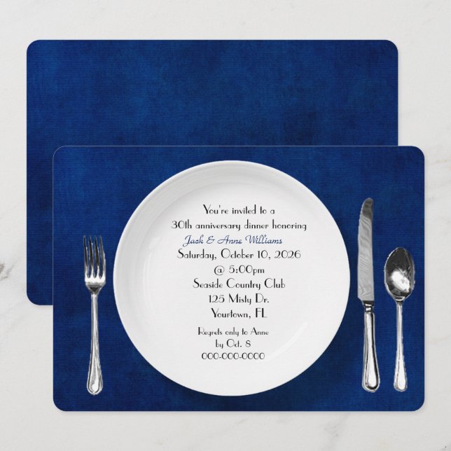 Anniversary Dinner Party Invite on blue (Front/Back)