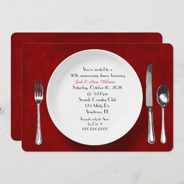 Anniversary Dinner Party Invite on red (Front/Back)
