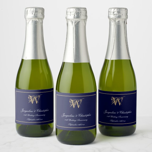 Anniversary Favours Monogram Chic Navy Blue Mini   Sparkling Wine Label (Bottles)